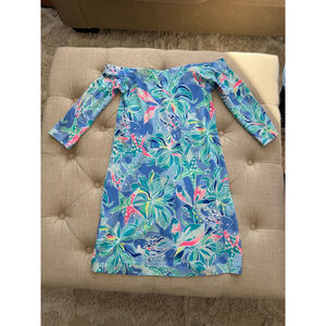 Women's Lilly Pulitzer Mini Dress XS Blue Pink Floral Off Shoulder